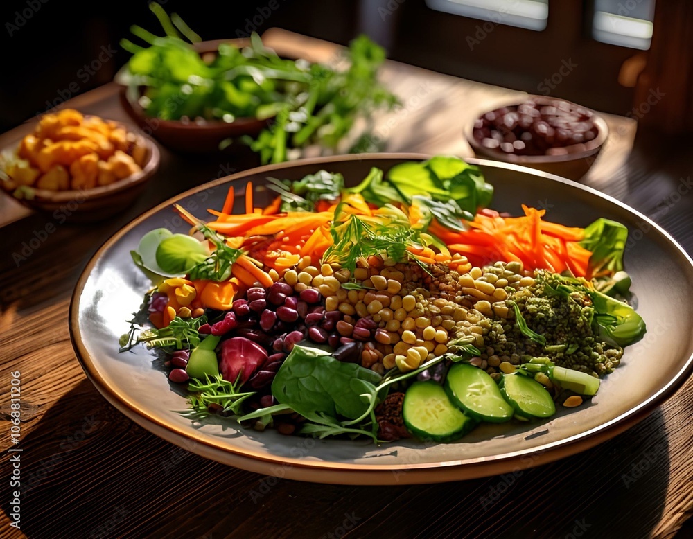 Colorful Plate of Leafy Greens, Lentils, Kidney Beans, Carrots, and Cucumbers with Seeds and Herbs on Rustic Wooden Counter
Colorful Plate of Leafy Greens, Lentils, Kidney Beans, Carrots, and Cucumbers with Seeds and Herbs on Rustic Wooden Counter