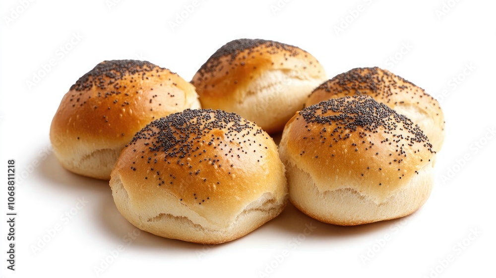 Buns topped with poppy seeds against a white backdrop Buns topped with poppy seeds against a white backdrop