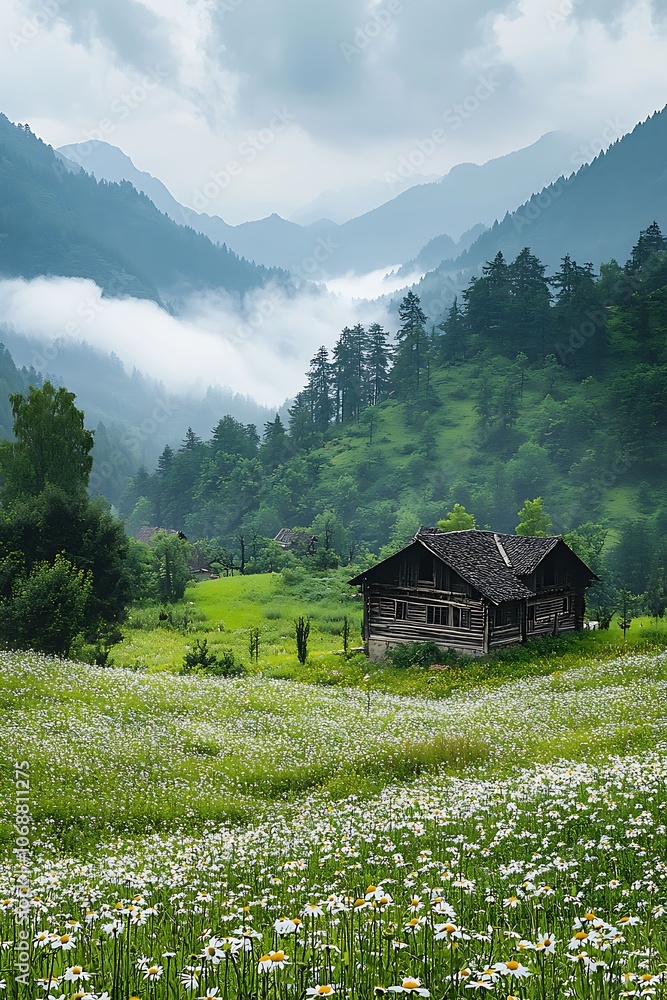 A Rustic Wooden Cabin Nestled in a Field of Daisies Against a Mountainous Backdrop A Rustic Wooden Cabin Nestled in a Field of Daisies Against a Mountainous Backdrop
