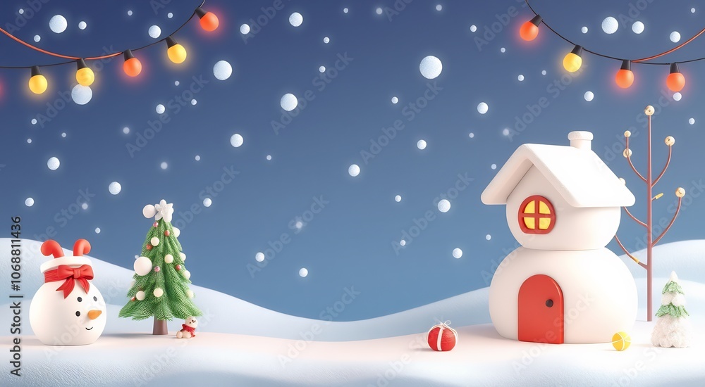 Festive winter scene with snowman, house, Christmas tree and lights. Festive winter scene with snowman, house, Christmas tree and lights.