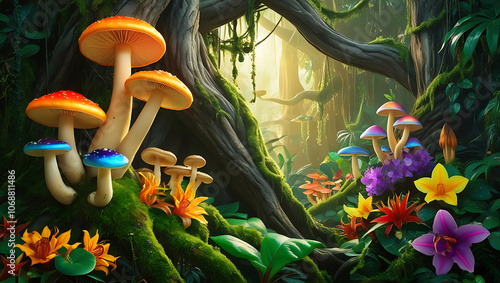 Dazzling Mushrooms and Lush Moss on Twisted Jungle Trees photo