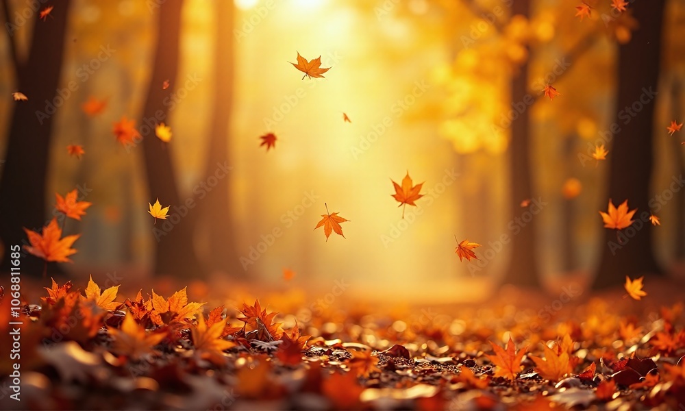 Autumn landscape falling maple leaves golden light soft Autumn landscape falling maple leaves golden light soft
