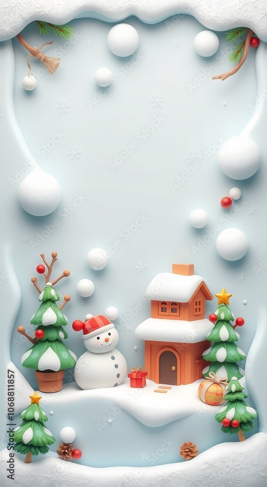 Snowman, Christmas Trees, and a House in a Snowy Winter Wonderland. Snowman, Christmas Trees, and a House in a Snowy Winter Wonderland.