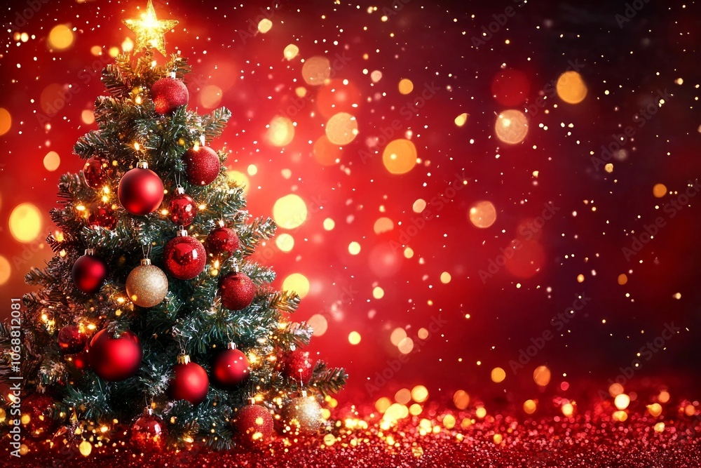 Christmas Tree In Red Shiny Glittering Background - Baubles Hanging On Fir With Abstract Lights Christmas Tree In Red Shiny Glittering Background - Baubles Hanging On Fir With Abstract Lights