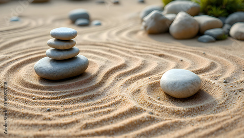 Zen Rock Garden with Raked Sand Patterns and Arranged Stones | Peaceful Stock Image