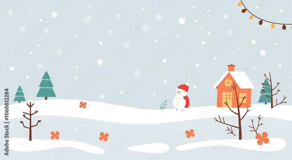 A whimsical winter scene with a snowman, a small house, trees and snow falling. A whimsical winter scene with a snowman, a small house, trees and snow falling.