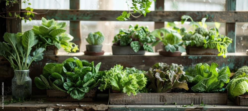 Fresh green vegetables arranged in a rustic display with warm lighting Fresh green vegetables arranged in a rustic display with warm lighting