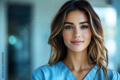 Confident Female Doctor in Blue Scrubs, Healthcare Professional