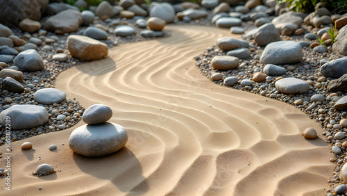 Zen Rock Garden with Raked Sand Patterns and Arranged Stones | Peaceful Stock Image