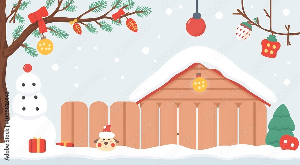 A snowman stands next to a wooden fence decorated with Christmas lights and a small evergreen tree. A snowman stands next to a wooden fence decorated with Christmas lights and a small evergreen tree.