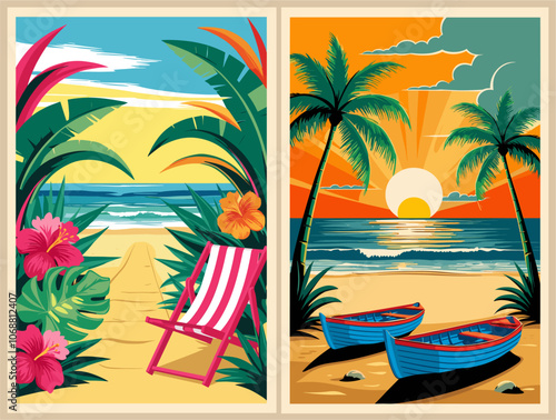 Set of summer posters in retro style with a lounger chair, sea beach, boats, palm tree, exotic plants. Summer time, vacation digital prints, cover template. Vector illustration