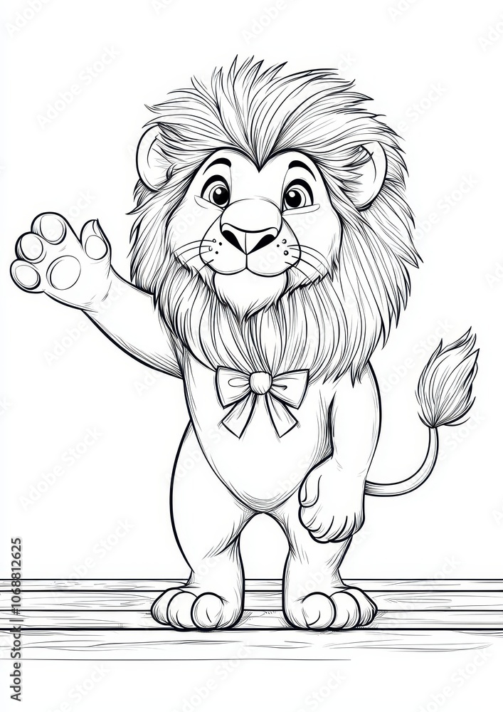 Coloring book page of friendly lion waving with bowtie, perfect for animal lovers and kids Coloring book page of friendly lion waving with bowtie, perfect for animal lovers and kids