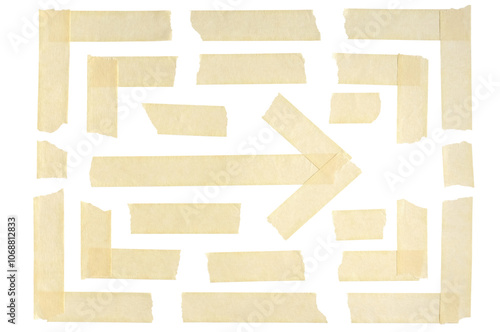 Duct tape and adhesive paper are arranged to form corners and arrow. Strips and pieces of wrinkled masking tape isolated on a transparent background.