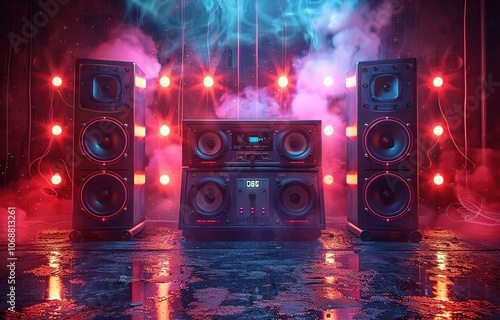 Retro Stereo System in a Neon-Lit Room photo