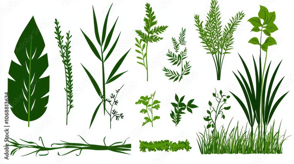 Variety of green leaves and plants, isolated on white background. Variety of green leaves and plants, isolated on white background.