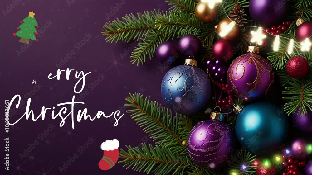 Merry Christmas white text animation with ball and Christmas tree decorations, seamless looping 4k video animation background Merry Christmas white text animation with ball and Christmas tree decorations, seamless looping 4k video animation background