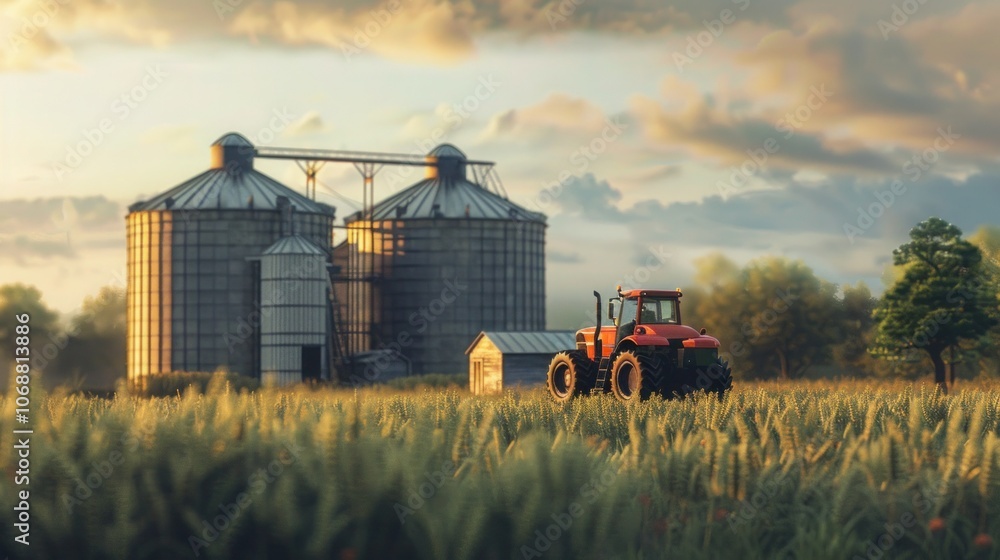 Obraz premium Grain Silos and a tractor