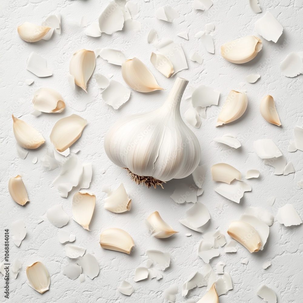 A close-up of a garlic bulb surrounded by scattered white garlic peels, set against a light background, highlighting its texture and natural beauty. A close-up of a garlic bulb surrounded by scattered white garlic peels, set against a light background, highlighting its texture and natural beauty.