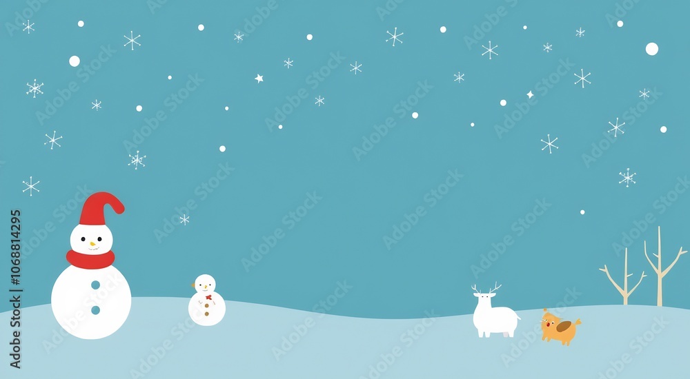 A snowman with a red hat and scarf stands in the snow with a small snowman, a white reindeer, and a brown dog, with snowflakes falling. A snowman with a red hat and scarf stands in the snow with a small snowman, a white reindeer, and a brown dog, with snowflakes falling.