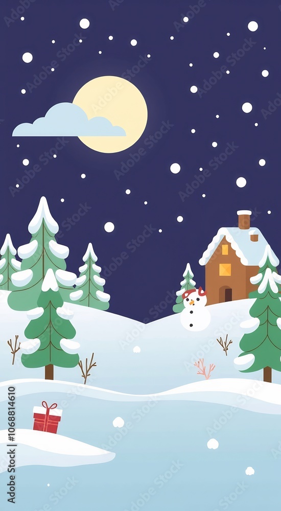 A snowy night scene with a snowman standing in front of a house. A snowy night scene with a snowman standing in front of a house.