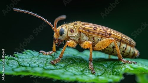 A close-up of a yellow and brown beetle perched on a green leaf. photo