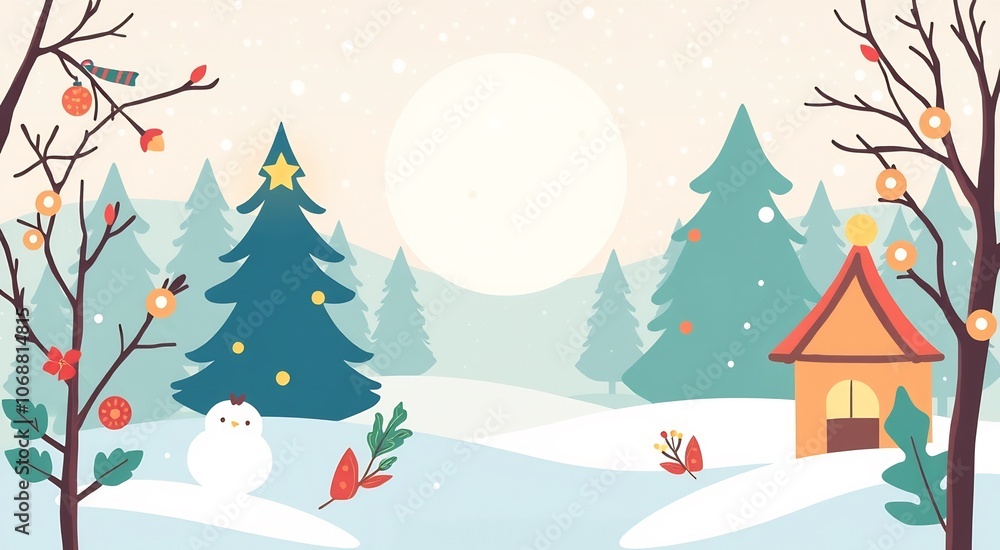 Festive winter scene with a snowman, a small cottage, and a decorated Christmas tree in the snowy forest. Festive winter scene with a snowman, a small cottage, and a decorated Christmas tree in the snowy forest.