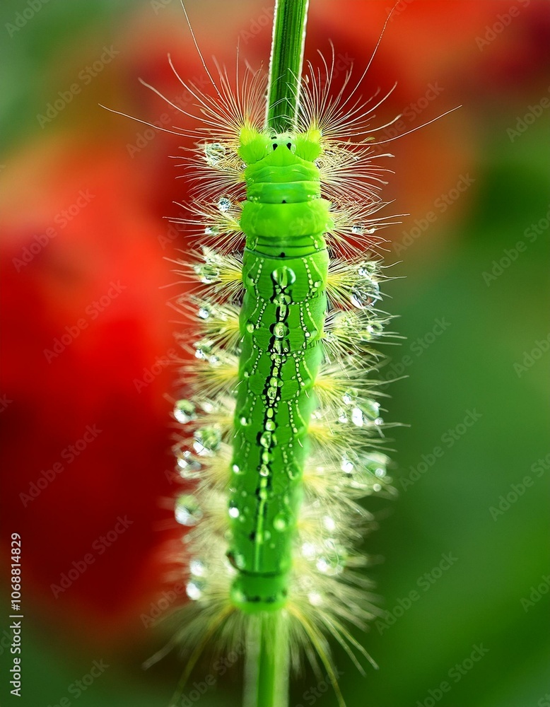 Naklejka premium closeup Green caterpillar on leaf with morning dew, detailed texture of tiny hairs wallpaper beauty in nature