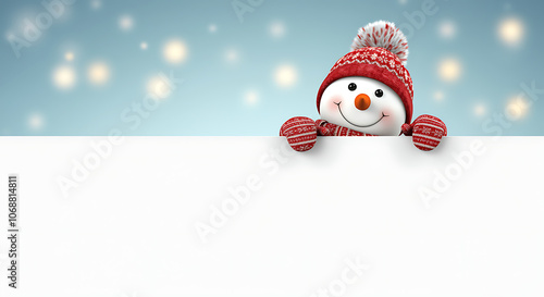 A cheerful snowman in a sparkling red hat and scarf peeks from behind a blank canvas, with festive bokeh lights in the soft blue background. generative ai