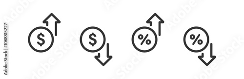 Money increase icon. Investment growth. Finance arrow up. Profit decrease. Dollar price.