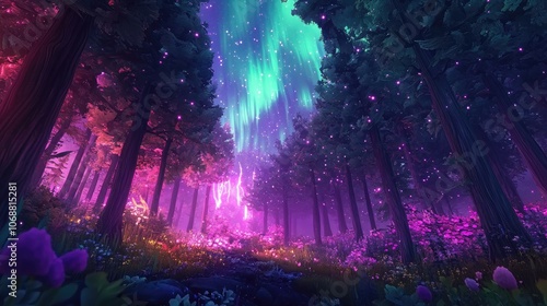 Vibrant temperate forest illuminated by northern lights amidst a dramatic lightning storm nature s spectacle photo