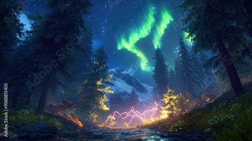 Vibrant temperate forest illuminated by northern lights amidst a dramatic lightning storm nature s spectacle photo