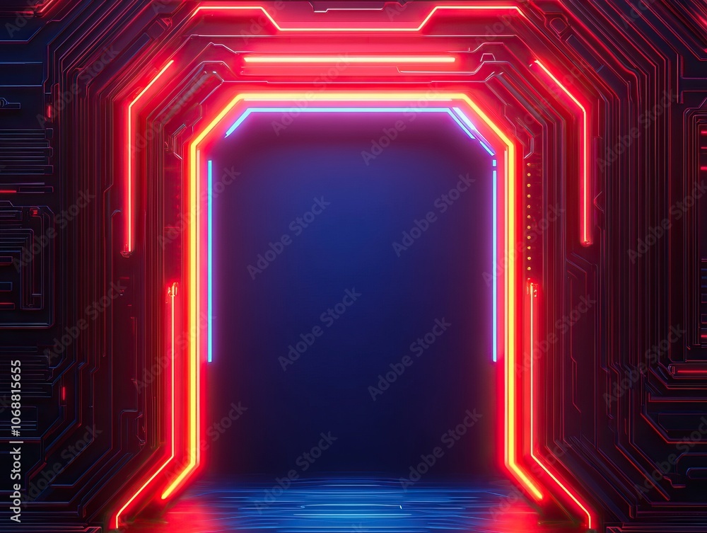 A vibrant, futuristic doorway illuminated with red and blue neon lights, creating an immersive digital atmosphere. A vibrant, futuristic doorway illuminated with red and blue neon lights, creating an immersive digital atmosphere.