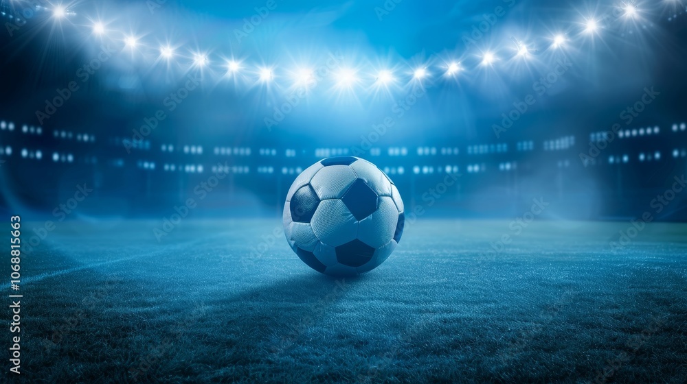 Fototapeta premium Stunning blue themed graphic of a simple stadium with upward lights and a central white soccer ball