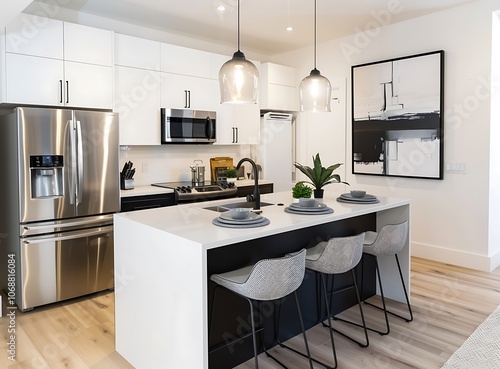 Modern white kitchen with island and barstools, stainless steel appliances, black cabinets, wood floor, 