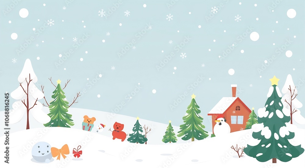 Winter wonderland with a snowman, bear, pig, and a red house in the snow. Winter wonderland with a snowman, bear, pig, and a red house in the snow.