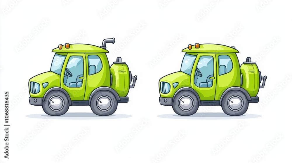 Two cartoon-style green cars on a white isolate background.