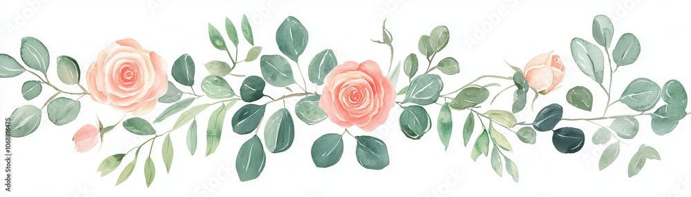 Fototapeta premium A delicate watercolor illustration featuring soft pink roses and green leaves, perfect for floral designs and nature-inspired themes.