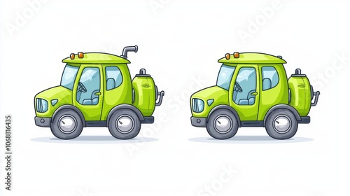 Obraz na płótnie Two cartoon-style green cars on a white isolate background. w salonie