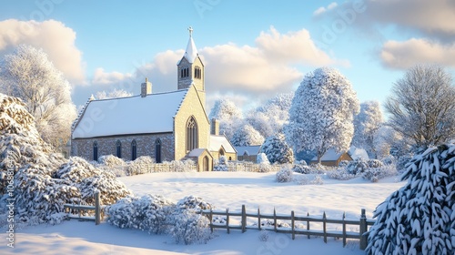 Chipping Campden Church covered in a blanket of snow creating a peaceful winter tableau photo