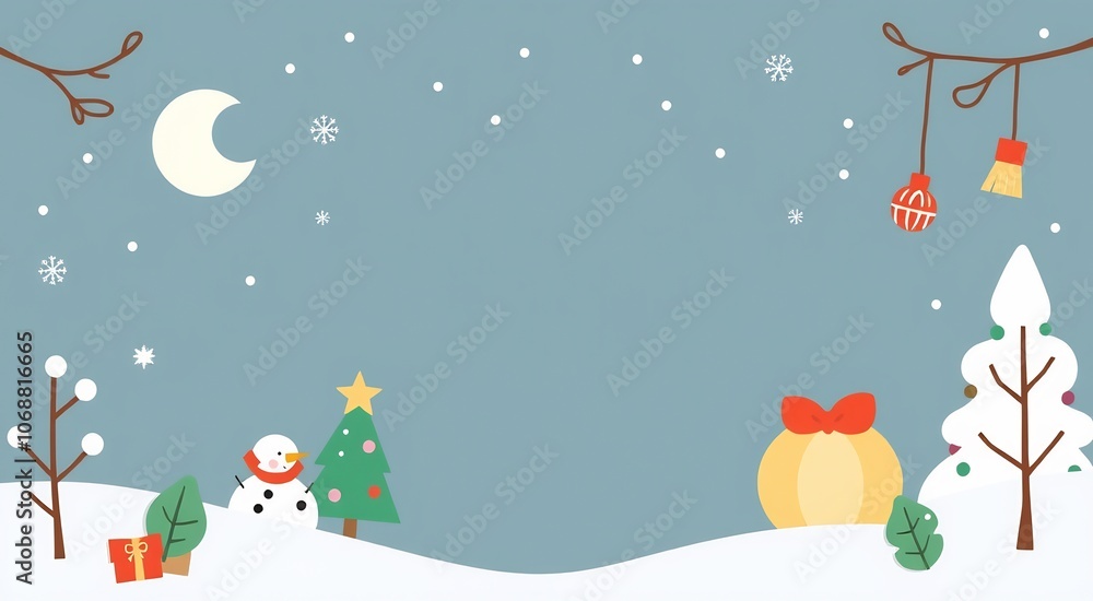A winter wonderland with a snowman, Christmas tree, and presents. A winter wonderland with a snowman, Christmas tree, and presents.