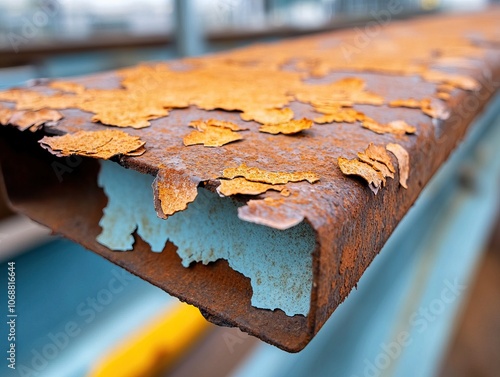 A close-up of rusty metal, showcasing peeling paint and corrosion, highlighting the effects of time and weathering on industrial materials. photo