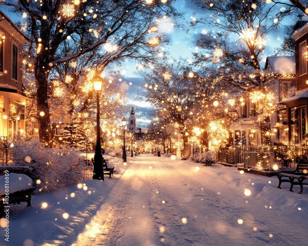 Cozy Winter Night Scene in Quaint Small Town with Snowy Streets and Warm Lights for a Peaceful Holiday Atmosphere Cozy Winter Night Scene in Quaint Small Town with Snowy Streets and Warm Lights for a Peaceful Holiday Atmosphere