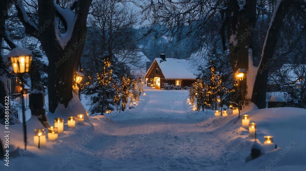 Naklejka premium A magical pathway illuminated by luminaries leading to a joyous holiday celebration