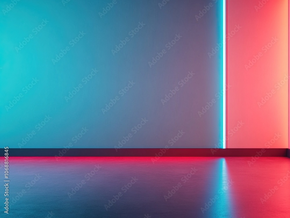 A modern space with vibrant blue and red lighting highlighting smooth walls and floor, creating a dynamic atmosphere. A modern space with vibrant blue and red lighting highlighting smooth walls and floor, creating a dynamic atmosphere.