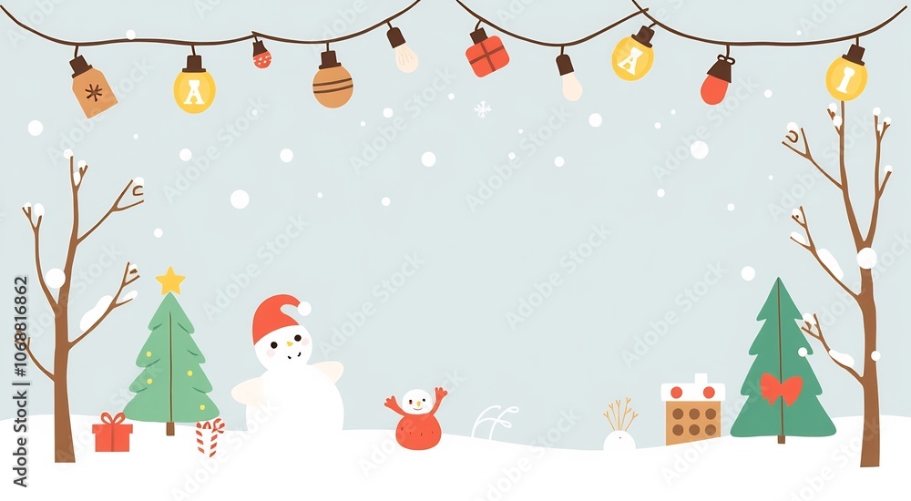 Snow Covered Winter Scene With Snowman and Trees. Snow Covered Winter Scene With Snowman and Trees.