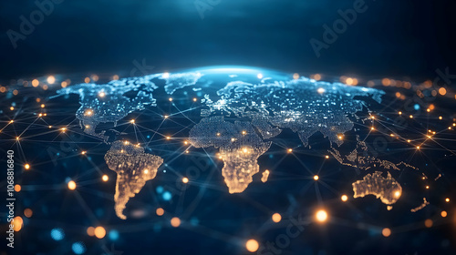 3D Digital World Map Illustrates Global Network Connections Illuminated with Bright Nodes  Representing a Complex Interconnected System.