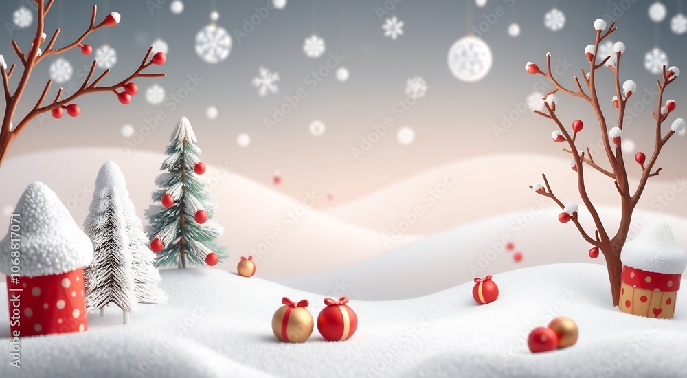 A snowy winter landscape with a Christmas tree, presents, and snow-covered branches. A snowy winter landscape with a Christmas tree, presents, and snow-covered branches.