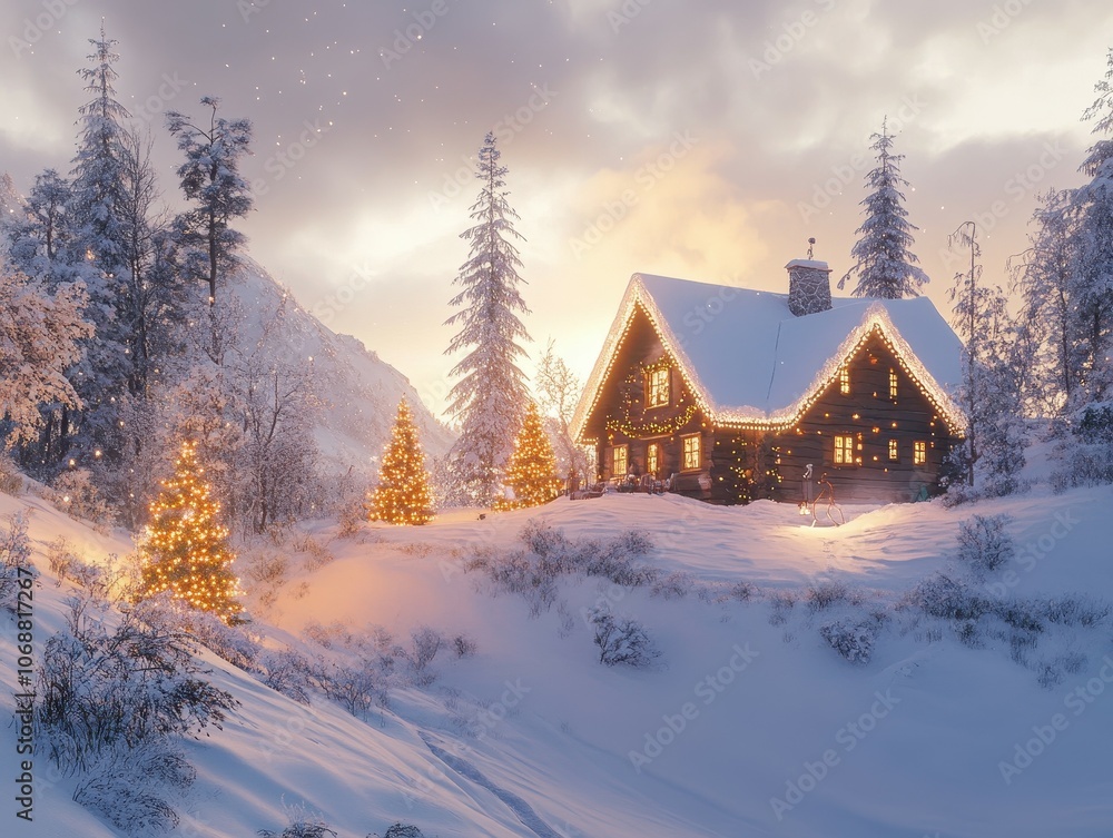 Explore a scenic snowy landscape with beautifully lit christmas trees and a cozy cabin Explore a scenic snowy landscape with beautifully lit christmas trees and a cozy cabin
