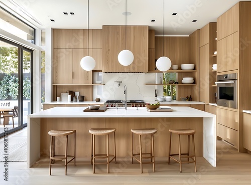 modern kitchen with light wood cabinets and white counter tops, centered island bar photo