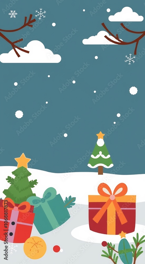 Two Christmas trees with presents in the snow. Two Christmas trees with presents in the snow.